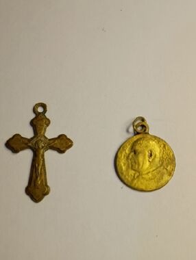 Gold-Tone Religious France  Cross and Saint Medal Pendant Set